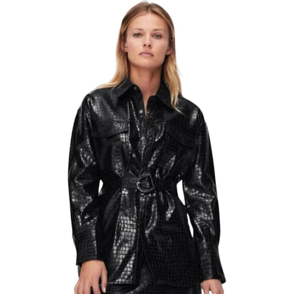 Zara Black faux leather jacket croc textured overshirt Belted XS